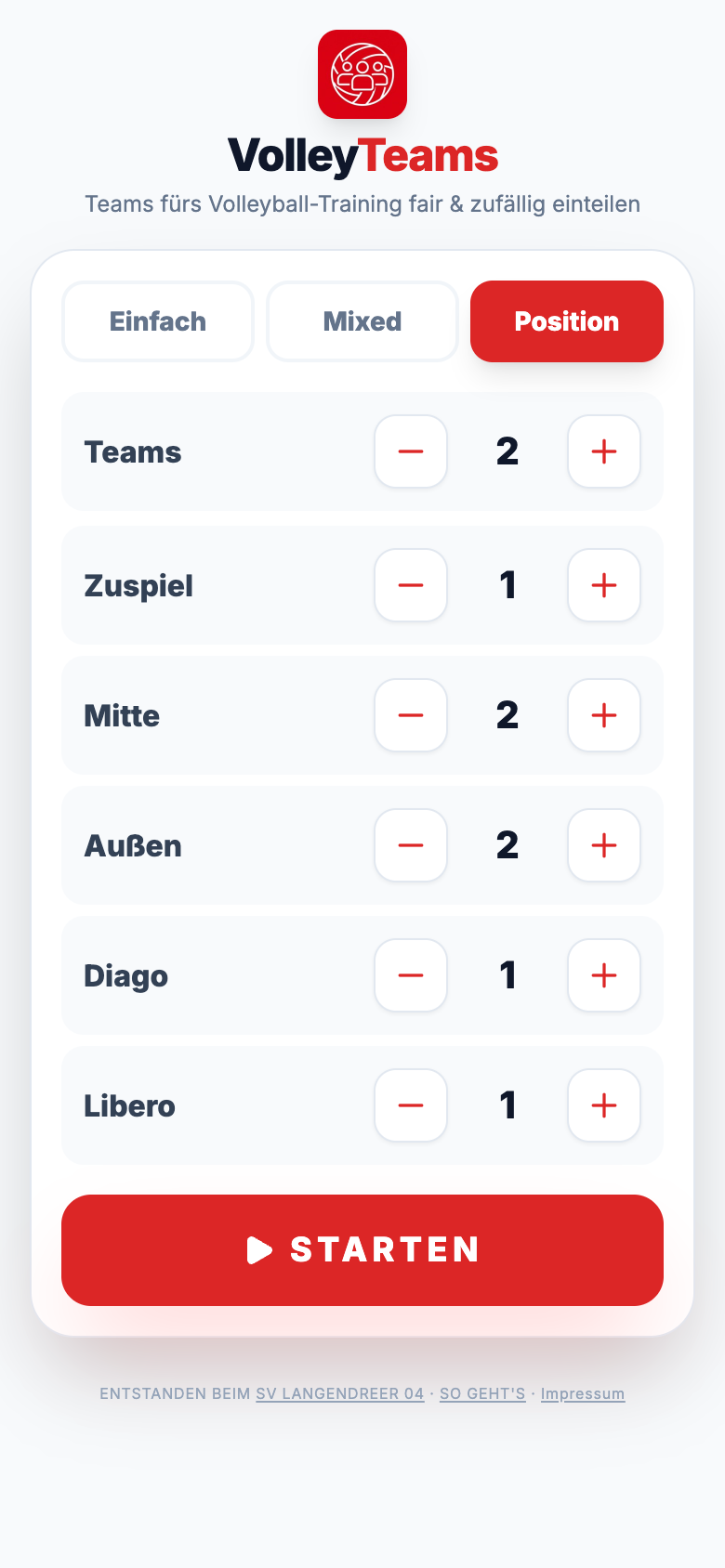 Einstellungen von VolleyTeams im Positions-Modus mit Zuspiel, Mitte, Außen, Diagonal und Libero